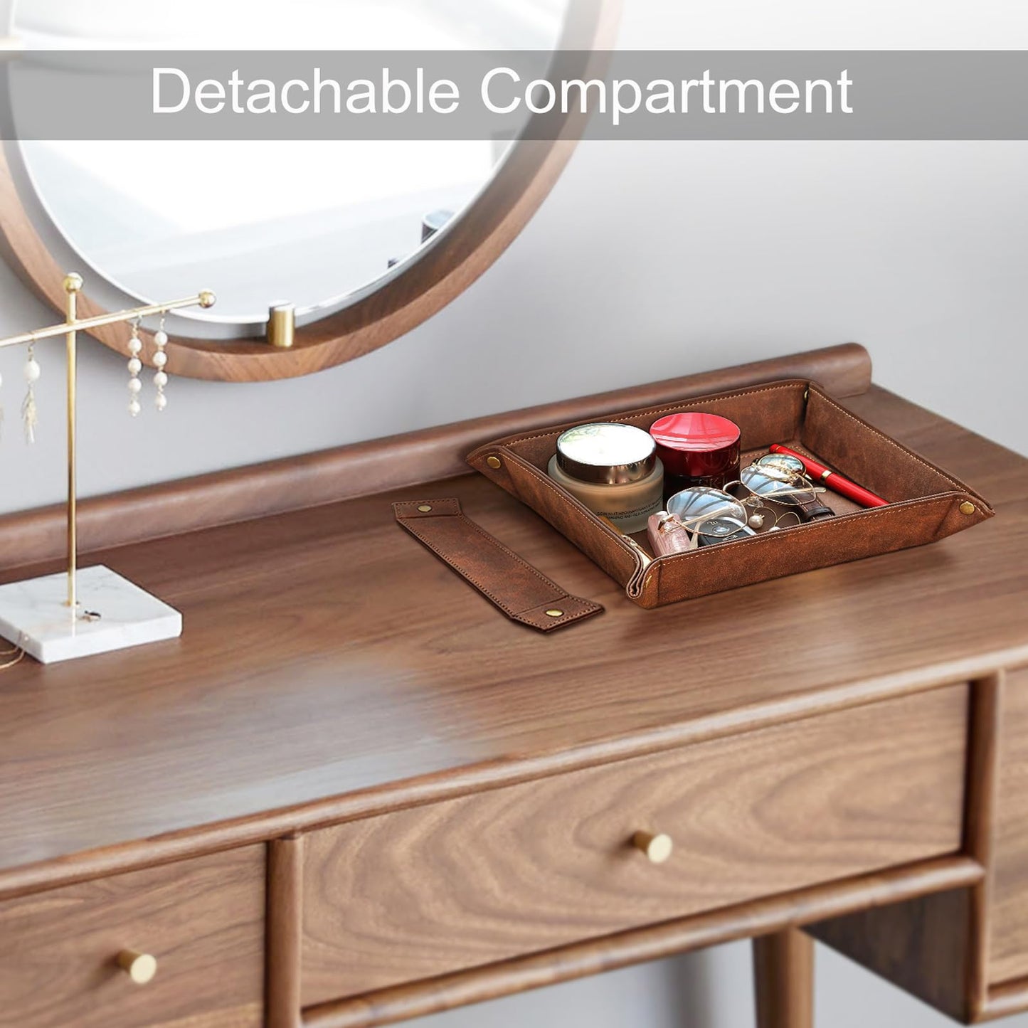 SITHON Valet Tray Desktop Storage Organizer, Removable 2 Compartments Catchall Tray Bedside Vanity Nightstand Caddy Holder Desk Storage Plate, Valentine's Day Gift, Brown