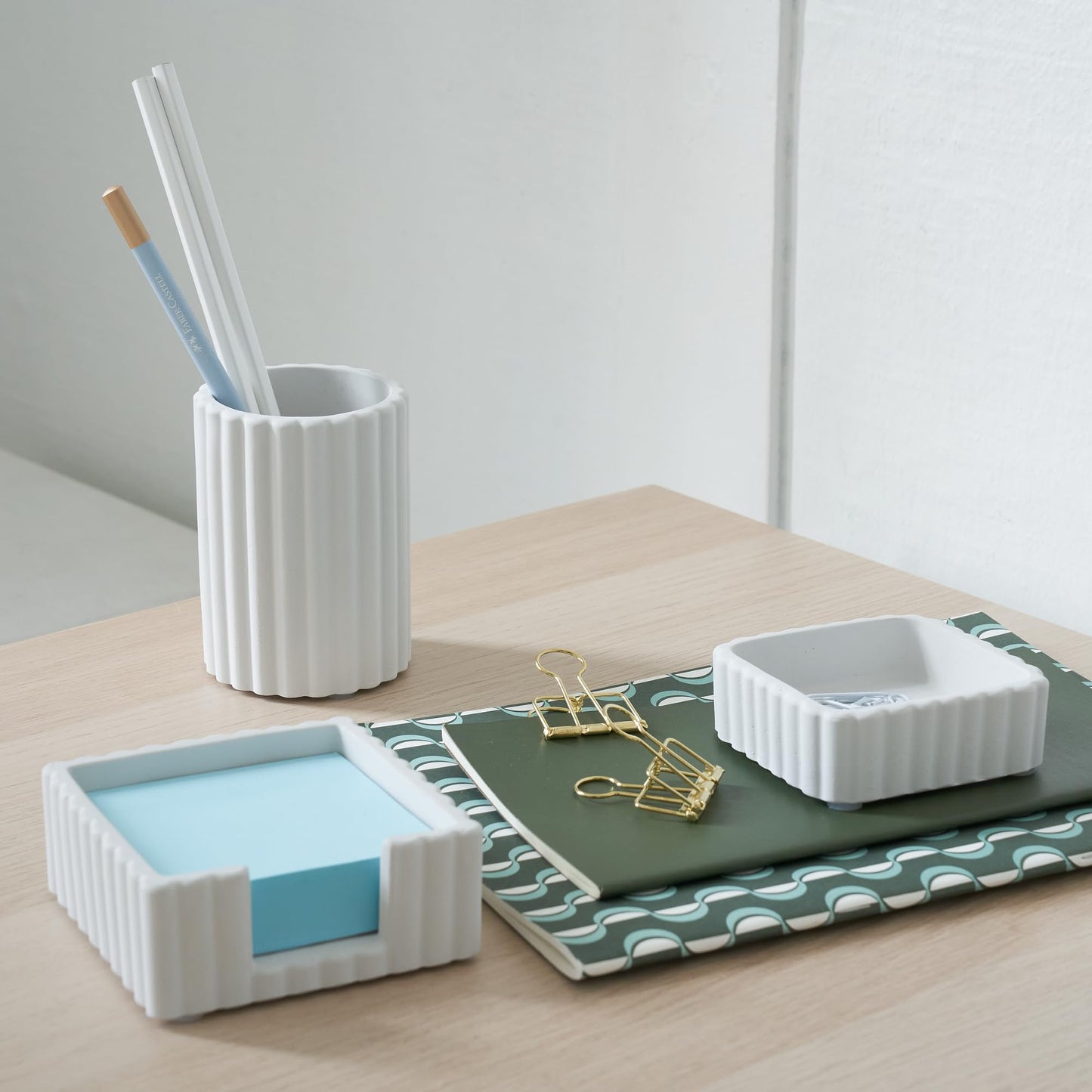KIBAGA Modern Aesthetic Desk Accessories Set of 3 - Stylish Concrete Organizers for Pens & Office Supplies - A Cute and Functional Addition to Your Workspace Decor