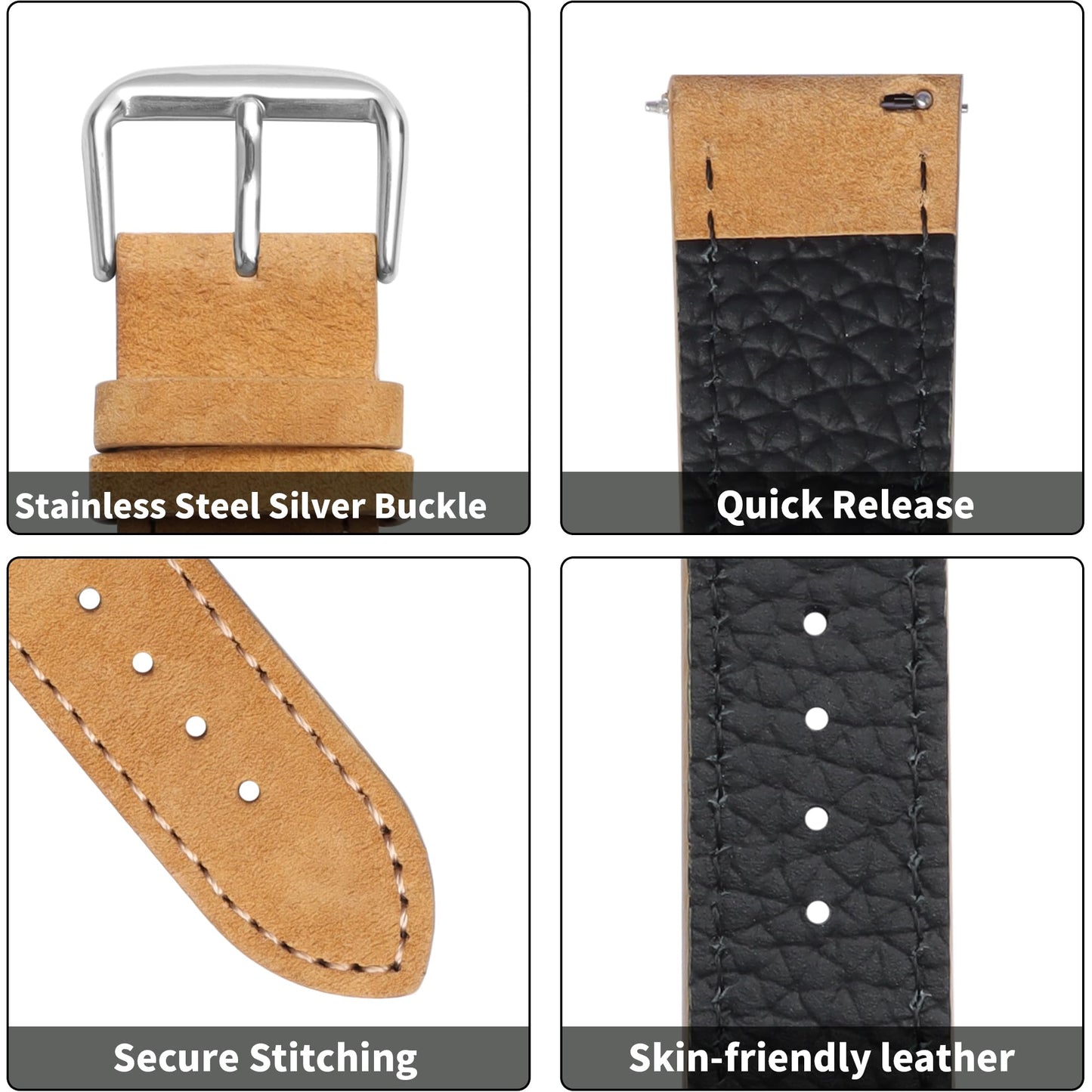 JUNGHELE Suede Leather watch bands for men and women, Quick Release leather watch strap with Silver Buckle watch leather strap,Yellow-brown 22mm watch band WBG0206