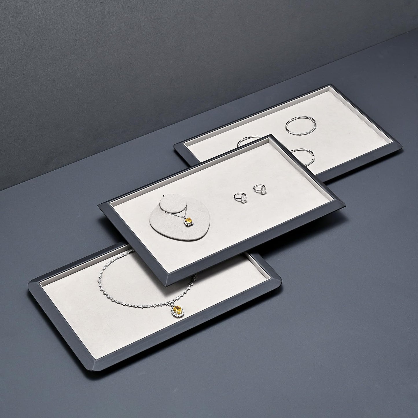 Oirlv Gray Leather Jewelry Display Tray with Microfiber Lining, Premium Square Corner Organizer