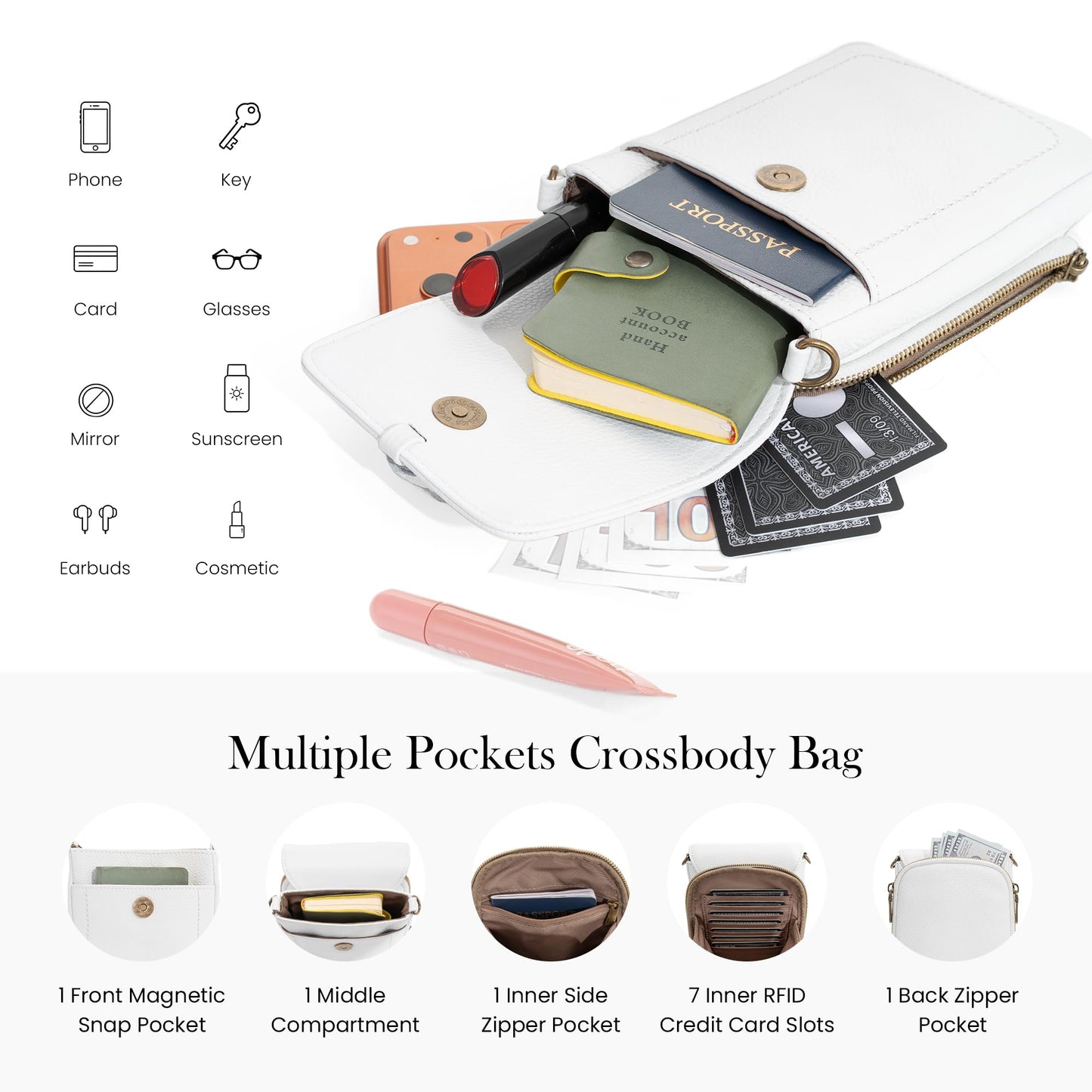 befen White Small Crossbody Bag for Women, Lightweight Mini Purse with Multiple Compartments and Card Slots for Daily Use Travel