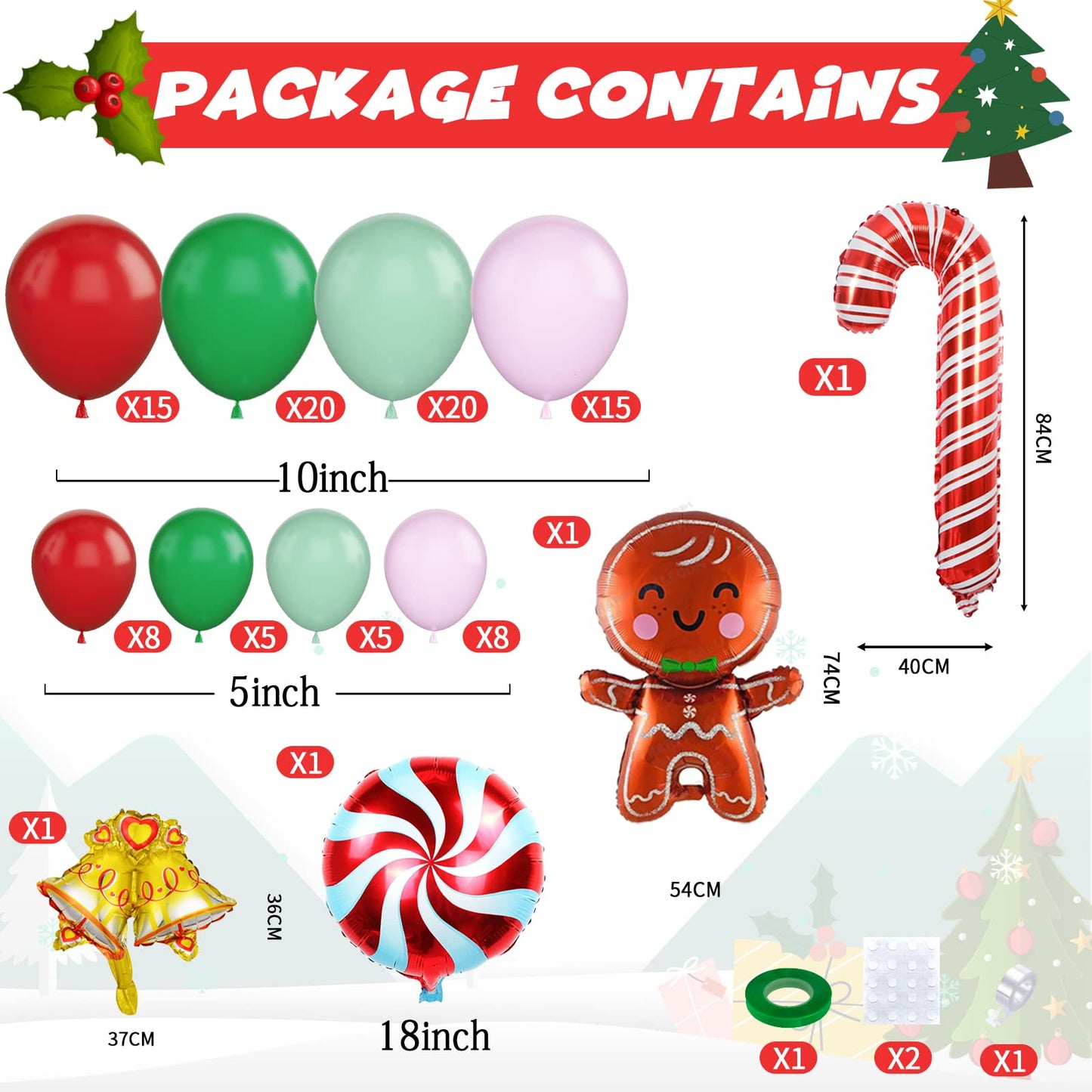 Christmas Balloon Garland Xmas Green Red White Arch kit Macaron green pink balloons Candy Bell Cane Foil Balloons With Large Gingerbread Balloon for Christmas Party Decorations Supplies