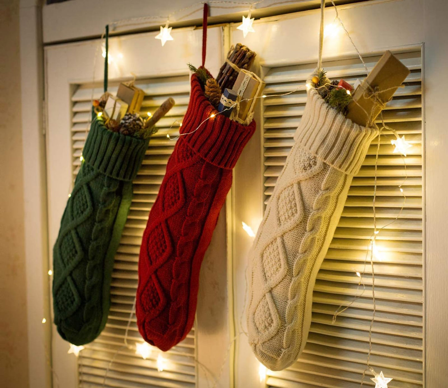 Fesciory Christmas Stockings, 3 Pack 18 Inches Cable Knitted Large Size Stocking Gifts & Decorations for Family Holiday Xmas Party (Burgundy&Ivory White and Green 18in)