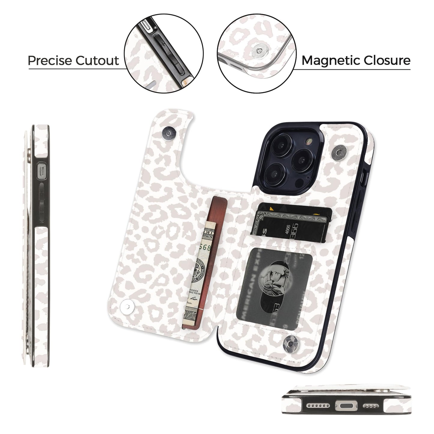 uCOLOR Compatible with iPhone 15 Pro 6.1" Wallet Case with Card Holder Slot Folio Flip PU Leather Kickstand Double Magnetic Clasp and RFID Blocking Design Cover 6.1 Inch (Beige Leopard)