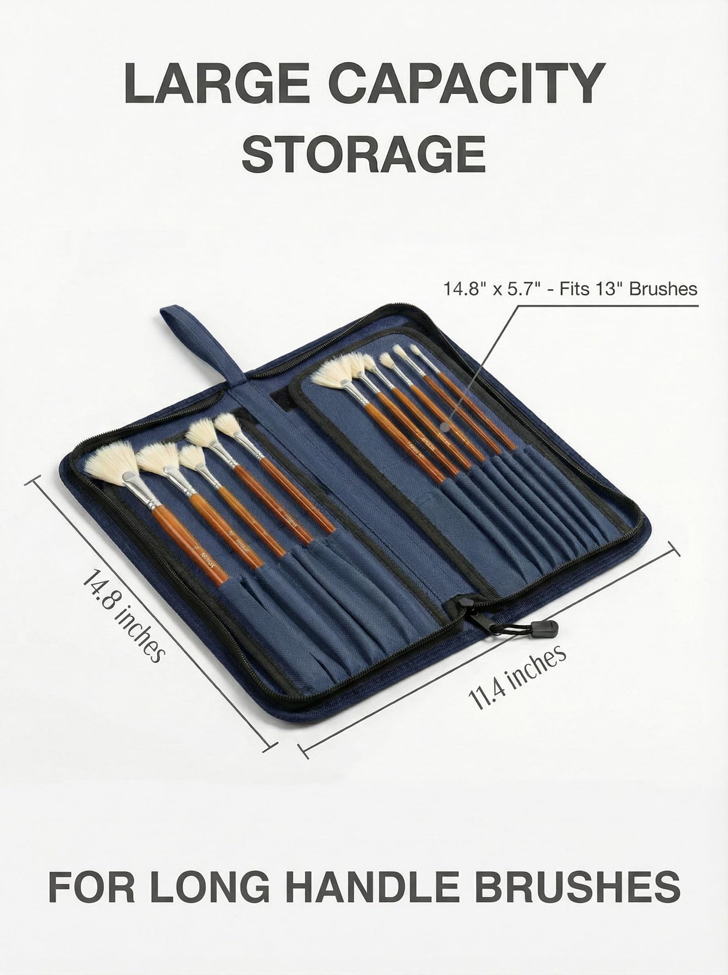 DUGATO Long Canvas Paint Brush Holder Zippered 5.7x14.8 inches, Premium Art Case for Brushes Long Handle up to 13" Length, 15 Slots Storage for Artist (Brush Not Included) - Blue