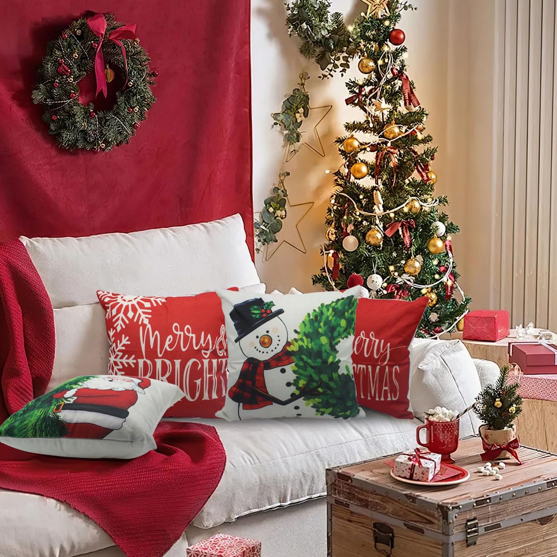 PSDWETS Merry Christmas Pillow Covers 18x18 Set of 4 Christmas Decorations Snowman Santa Claus Wreath Christmas Tree Winter Holiday Decor Throw Cushion Case for Home Couch