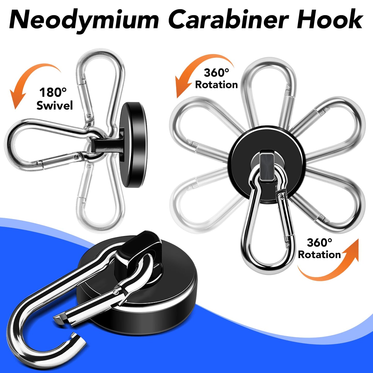 LOVIMAG Strong Magnetic Hooks, 12 Pack Magnetic Hooks Heavy Duty 70LBS Strong Neodymium Magnets with Carabiner Hook, Magnet Hooks with Swivel for Kitchen, Hanging, Cruise, Grill, Refrigerator - Black