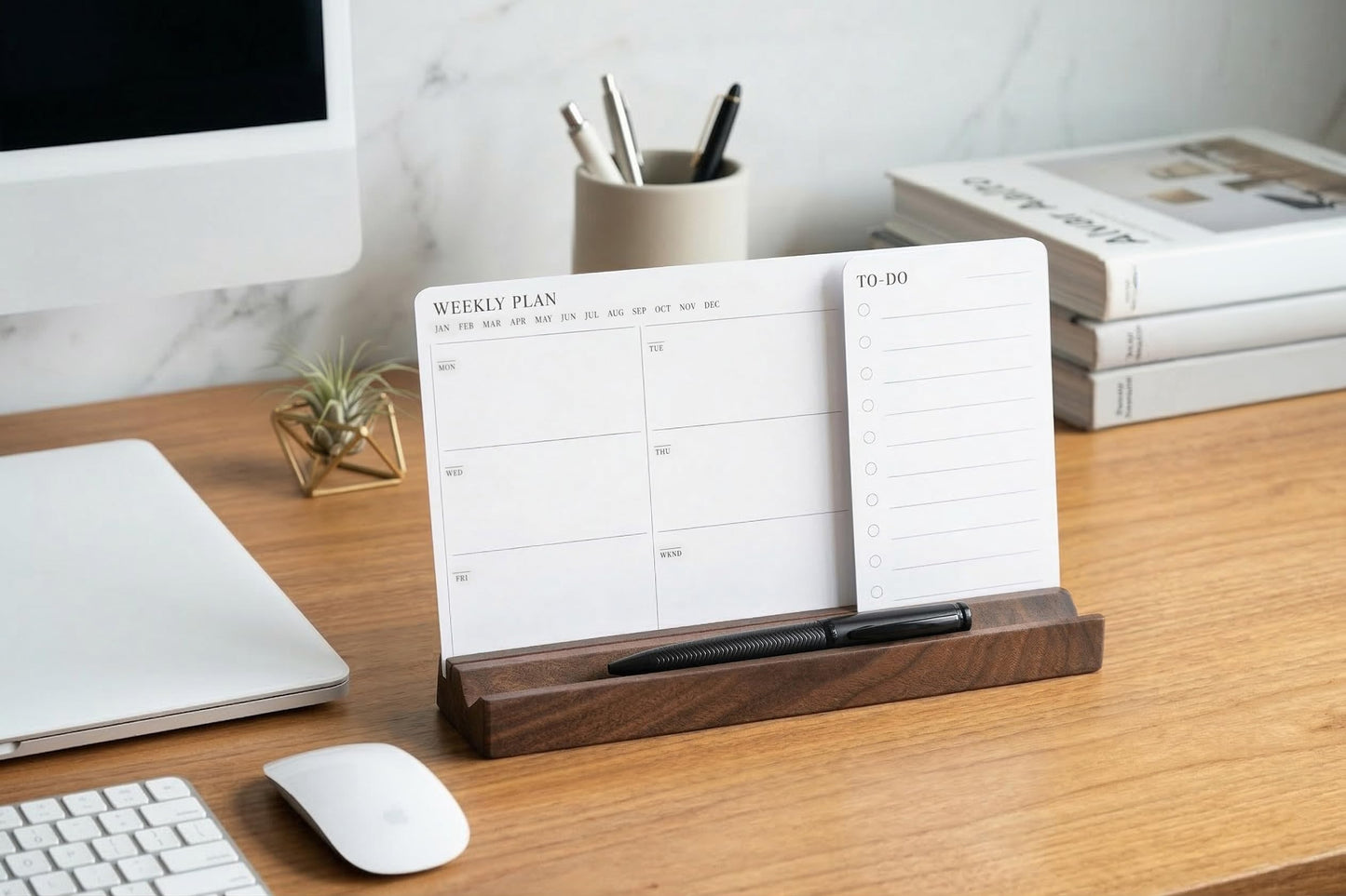 Minimalist Weekly Planner Desk Set – Solid Black Walnut Stand with Pen Tray, Double-Sided Planner & To-Do Cards (Walnut Stand and Planner Cards)