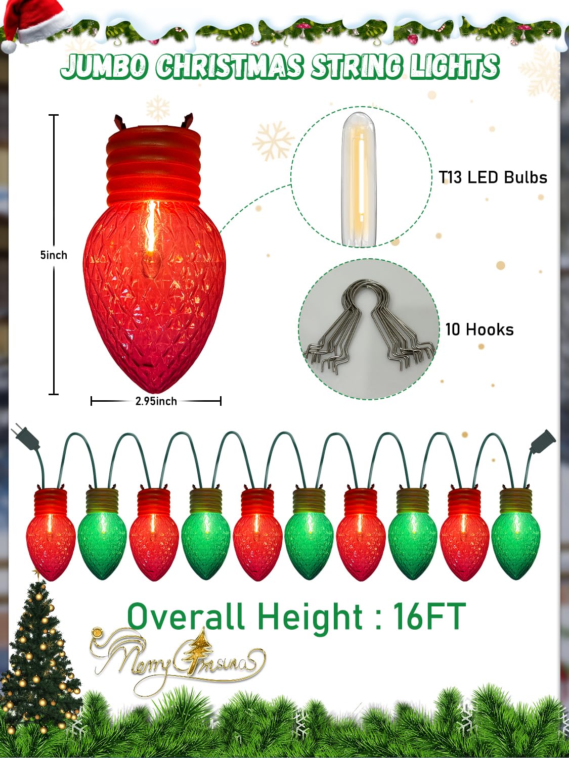 Red and Green Jumbo Christmas Lights, 16FT Big Bulb Christmas Lights with 10 Count 5'' Diamond Red Green LED Bulbs for Xmas Roofline Patio Backyard Decorations