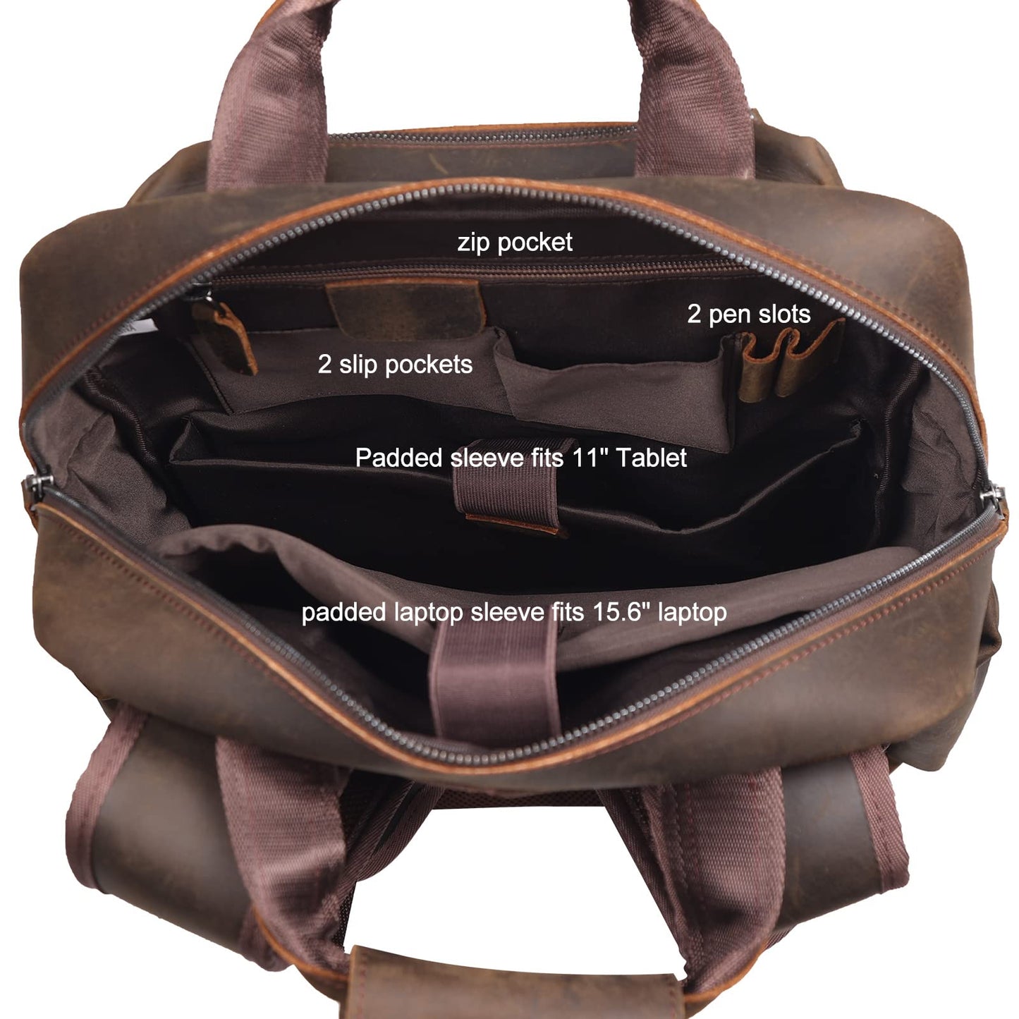 Masa Kawa Leather Backpack for Men Vintage 15.6 Inch Laptop Bag Multi Pockets Casual Work Travel Camping Daypack (deep brown)