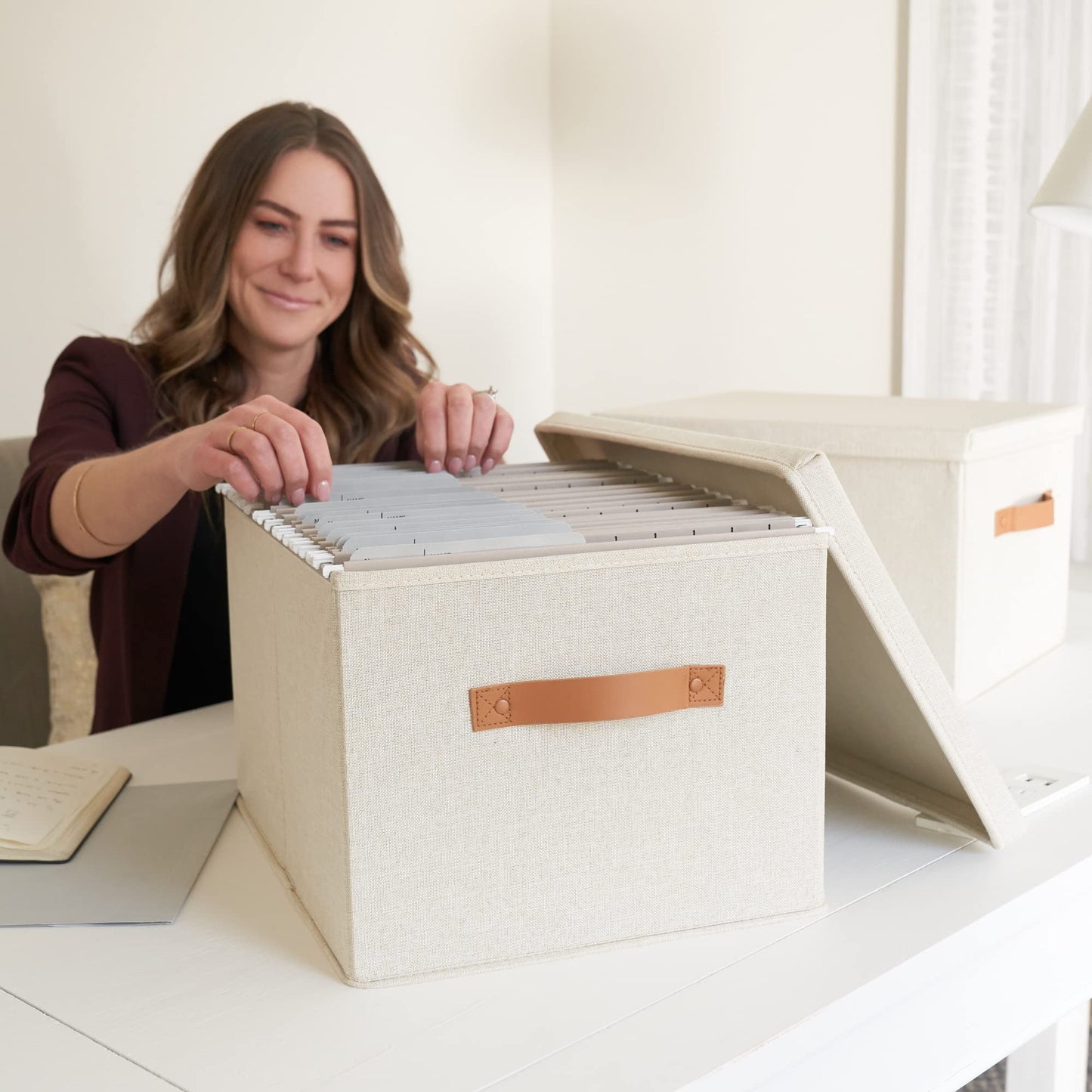 ZICOTO Decorative File Organizer Box Set of 2 - Collapsible Linen Filing Cabinets w/Handles Are Perfect to Store all Your Documents & Hanging File Folders - Portable Easy Slide Crates with Lid