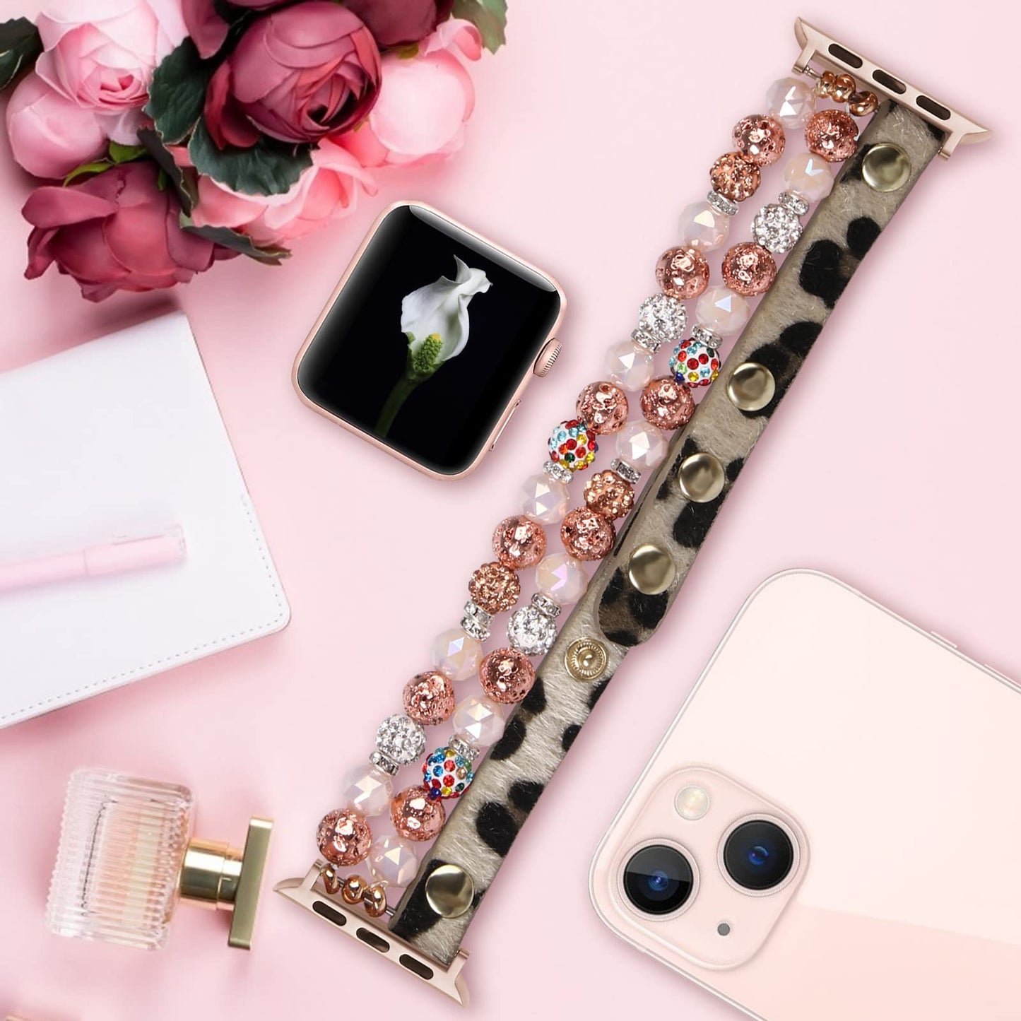 VIQIV Bracelet Band Compatible with Apple Watch 41mm/40mm/38mm Series 7 6 5 4 3 2 1 for Women Girls, Fashion Multi-Wraps Elastic Glitter Beaded Leopard Leather Strap for iwatch Bands