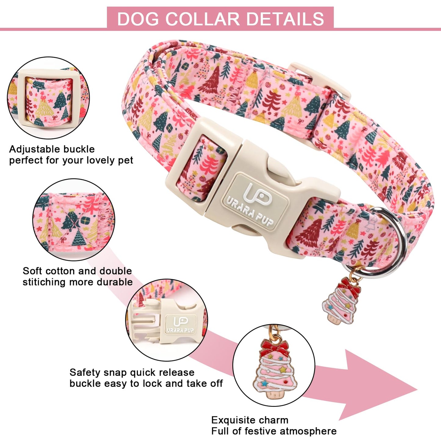 UP URARA PUP Christmas Dog Collar, Pink Christmas Tree for Dogs, Adjustable Pet Collar with Cute Xmas Tree Pendant, Festive Winter Dog Accessories for Small Medium Large Dogs M