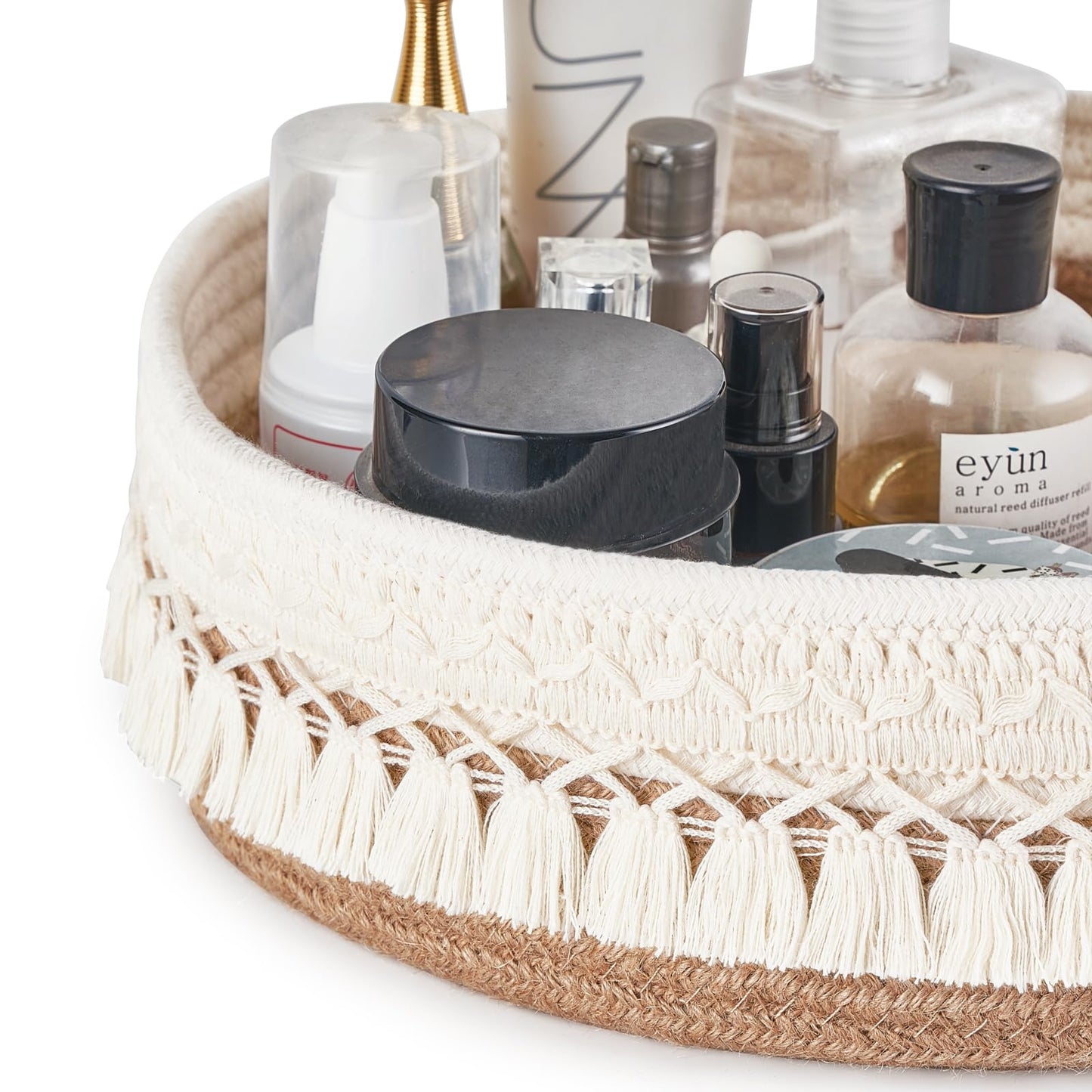Mkono Makeup Perfume Holder Organizer Macrame Decorative Woven Rope Basket Boho Decor Cosmetics Desk Storage Baskets for Dresser Skin Care Lotions Essential Oils Dorm Room Essentials,Yellow and White