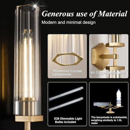 Gold Crystal Bathroom Wall Sconce Light Fixture Modern Bathroom Vanity Light,28.5in Brass Sconces Wall Lighting,Linear Indoor Wall Sconce Light for Bedroom,Hallway,Staircase,Living Room,Dining Room