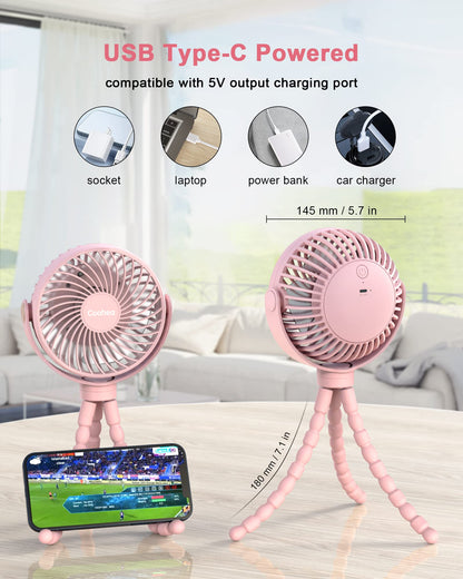 Coohea Stroller Fan Clip on for Baby, 4000mAh Rechargeable Battery Operated, Flexible Tripod, 3 Wind Speed, 360° Rotatable, Small Portable Fan for Car Seat Crib Backseat Beach Travel Camping, Pink