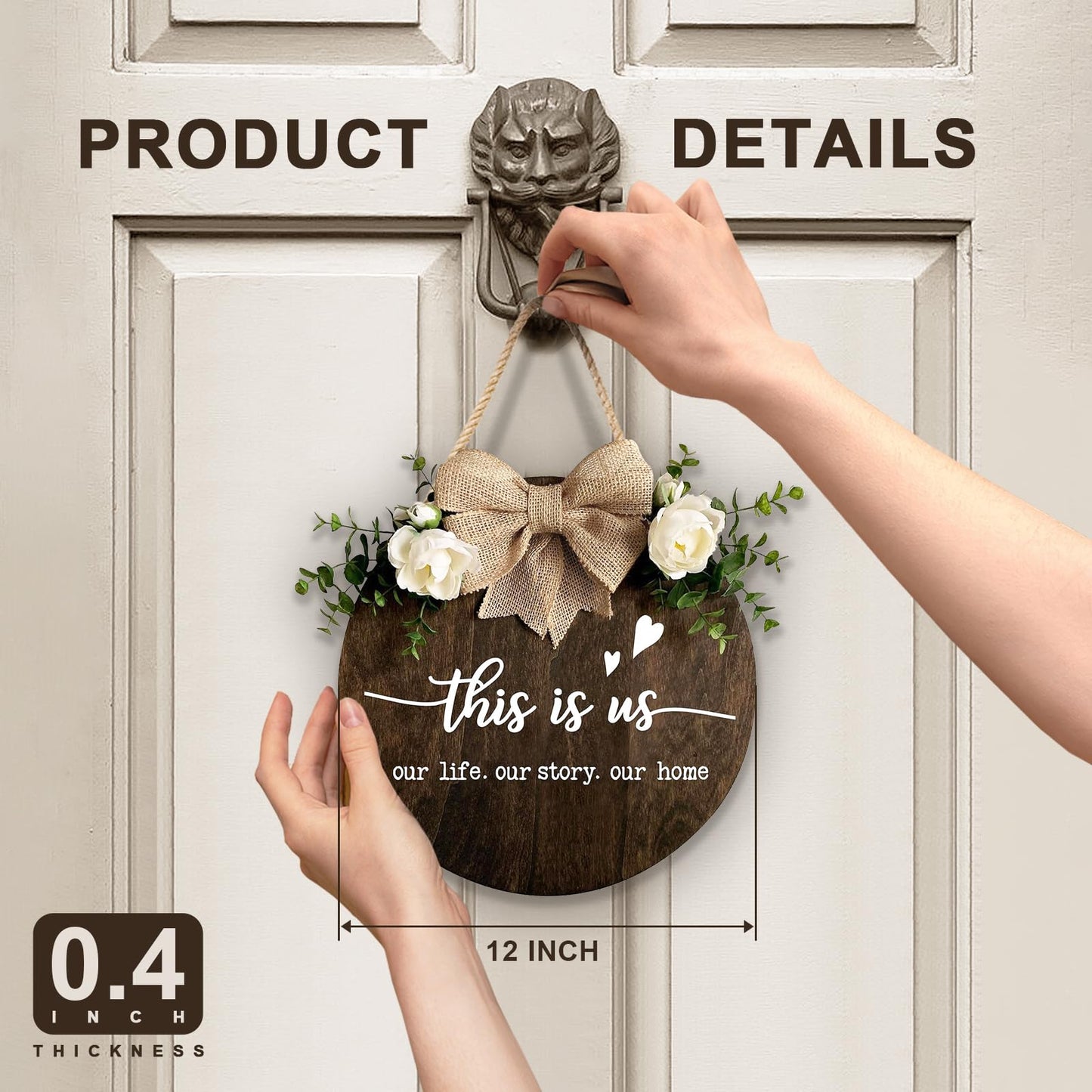 This is Us" Welcome Sign, Farmhouse Round Wood Hanging Door Decor with Ribbon Bow and Artificial Greenery, Rustic Front Porch Wreath for Thanksgiving, Christmas, Brown Home Entry Decor