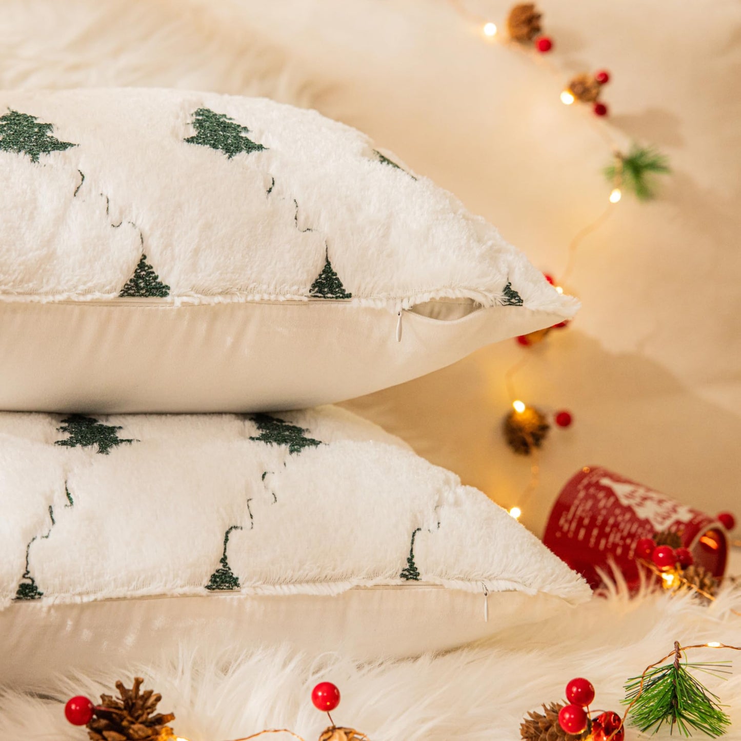 AQOTHES Christmas Tree Embroidered White Throw Pillows Cover 18x18 Inch, Set of 2 Packs Winter Soft Fluffy Decorative Throw Pillows Covers Decor for Home Sofa Couch Bed Room