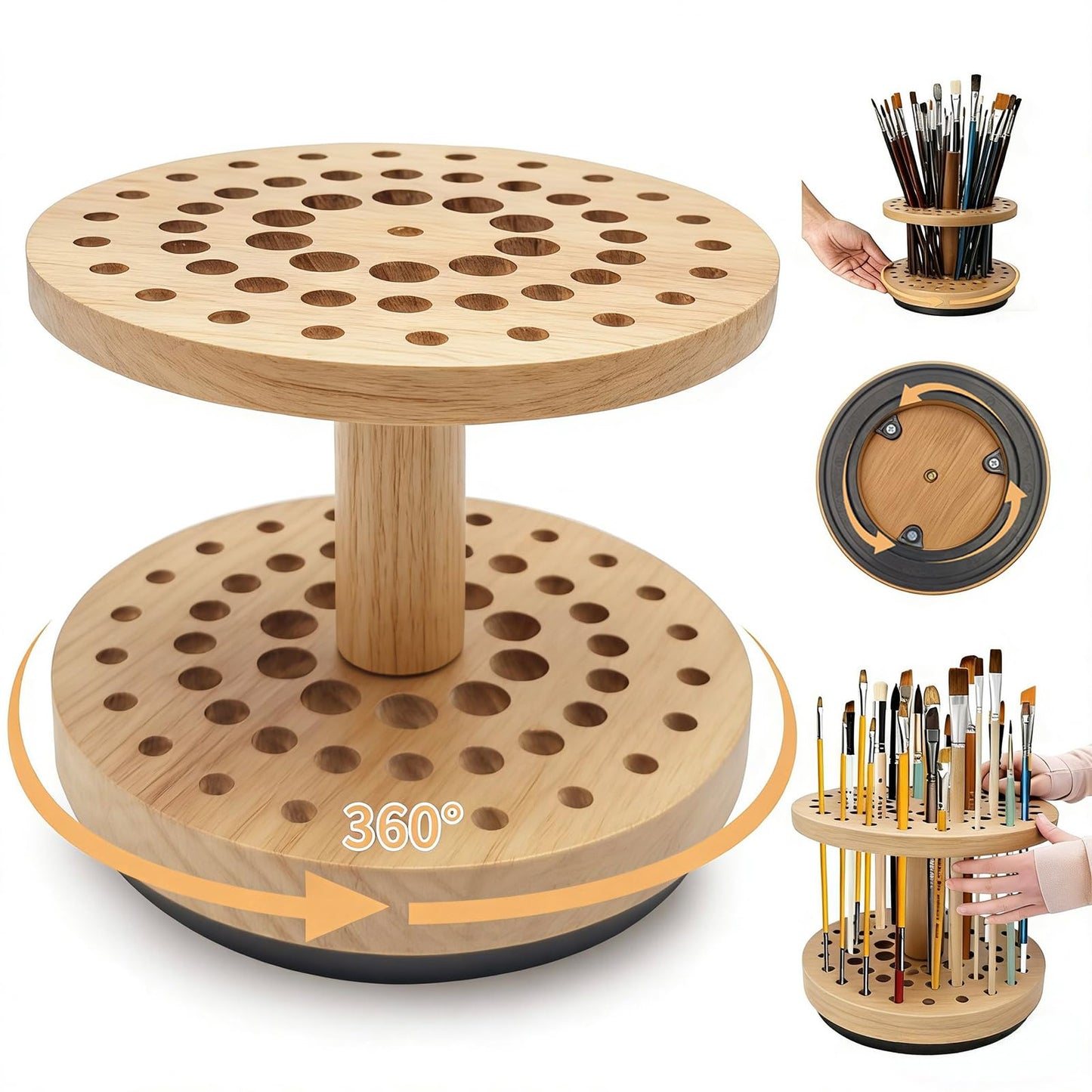 Natural Solid Hardwood Paint Brush Organizer – 360° Smooth Rotating, 52-Hole Vertical Storage Rack, Compact Desktop Holder for Cosmetic Brushes, Craft Supplies & Calligraphy Pens