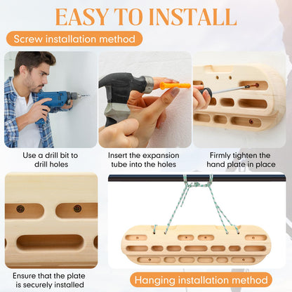 JolliLudo Climbing Hangboard Rock Climbing Fingerboard Gifts Portable Mounted Training Station Pull Up Bar Wooden Hand Grip Strengthener Exerciser with Installation Kit and Rope for Climbers Athletes