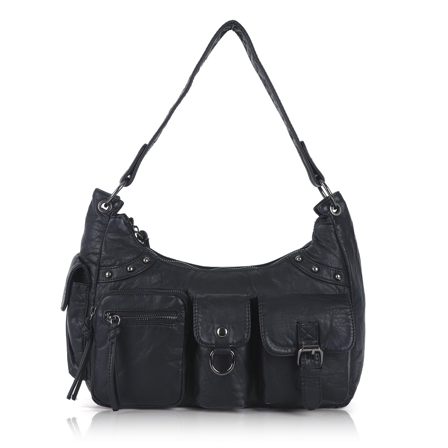 Angel Kiss Hobo Bag for Women Small, Soft Vegan Leather Shoulder Purses and Handbag with Multi-Pocket, Retro Tote Bag Crossbody with Top-Handle and Removable Strap,Black