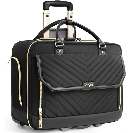 Arcoyard Rolling Laptop Bag Women, Rolling Briefcase for Women for Work, 17 Inch Computer Bag with Wheels, Fashion Flap Laptop Bag With Wheels for Work Business, TSA Friendly Design, Black