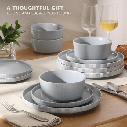 Gibson Home Queenslane 16 Piece Double Bowl Plates and Bowls Dinnerware Sets - Matte Blue