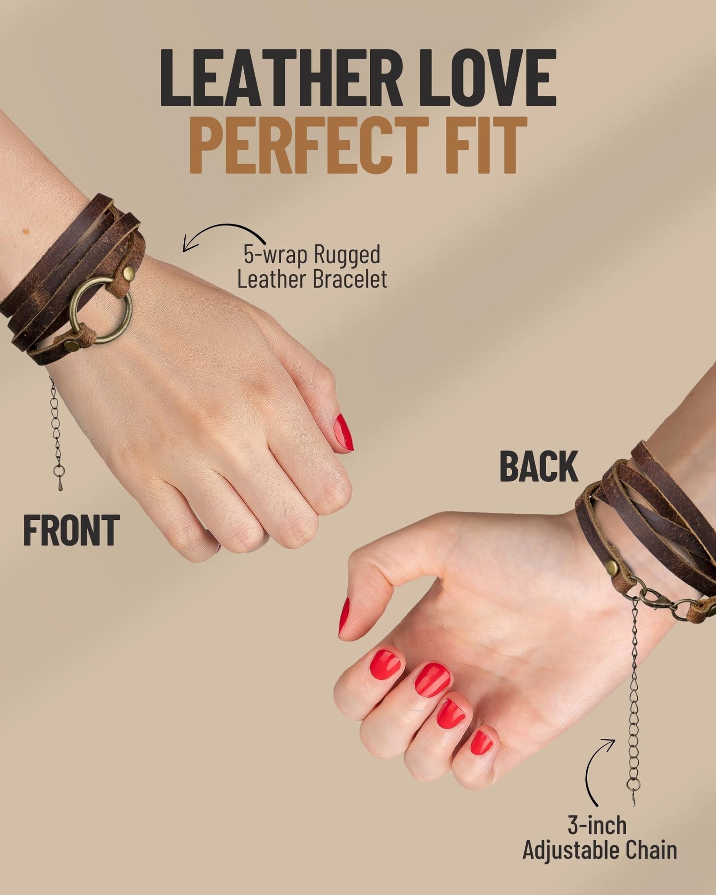 SPUNKYsoul 5 Wrap Leather Circle Bracelet - Adjustable Boho-Inspired Leather Bracelet for Women, Unique Distressed Jewelry with Symbolic Circle, Ideal for Everyday Wear & Gifting (Women's Brown)