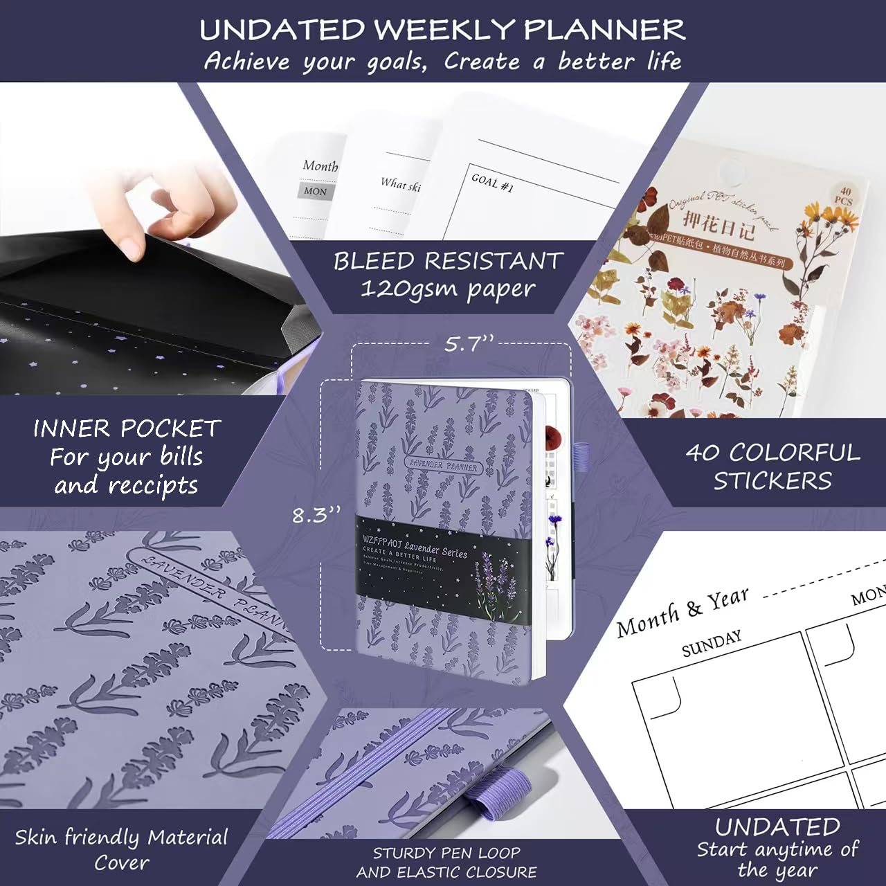 Undated Luxurious Weekly & Monthly Planner to Increase Productivity Hit Your Goals, Organizer Notebook Gratitude Journal Time Management Start Anytime, A5, Lasts 1 Year