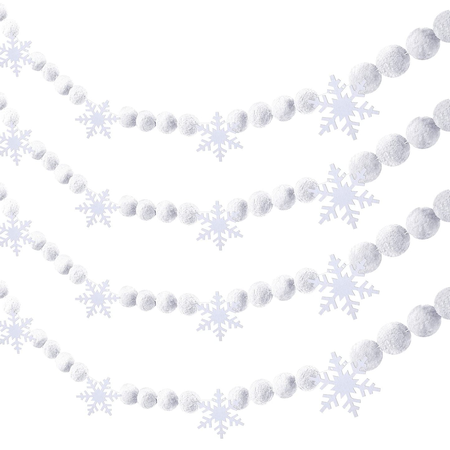 Tegeme 2 Pcs 13.2ft White Felt Pom Pom Garland Christmas Tree Decorations Cute Winter Snowball Snowflake Ornaments Hanging String Pompom Snowball Beads Xmas Holiday Birthday Party Banners