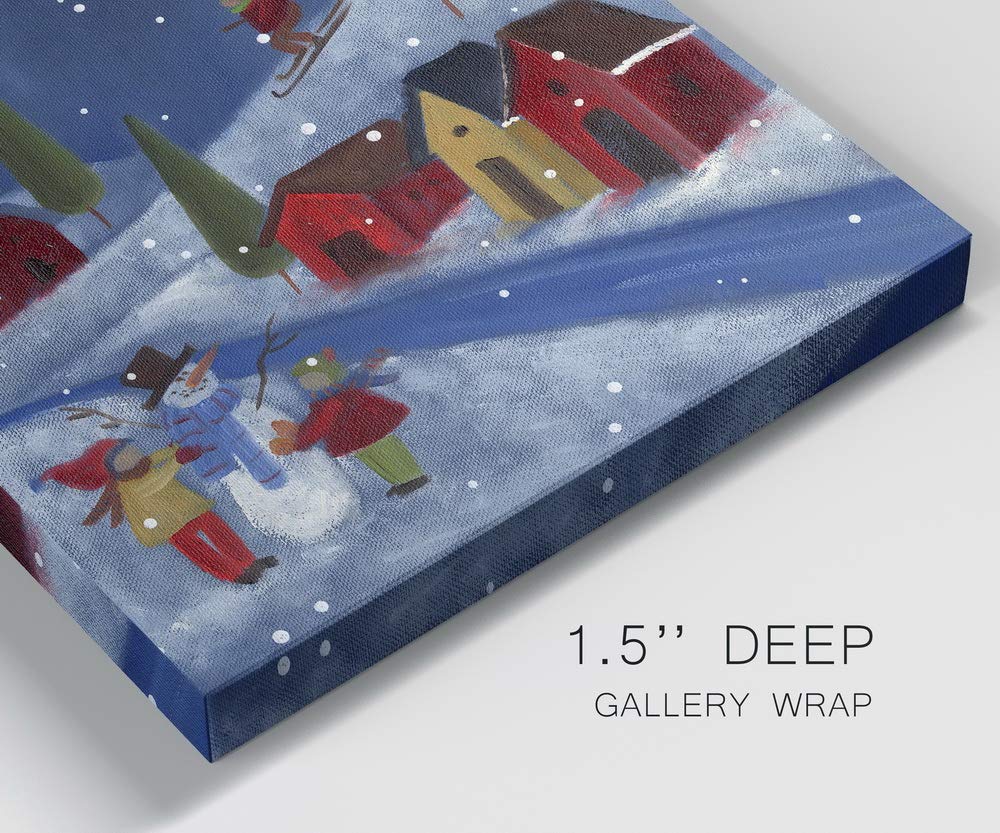 Renditions Gallery Winter Snow Scene (1) Wall Art, Cute Christmas Artwork, Skiing, Building a Snowman, Red Barn, Premium Gallery Wrapped Canvas Decor, Ready to Hang, 40 in H x 40 in W, Made in America