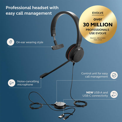 Jabra Evolve 20 (2025 Edition) Single-Ear Headset for Office and Home - Call Control - All Platforms - USB-C/A Connectivity - Black