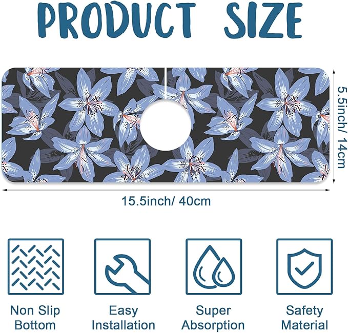 Blooming Lily Sink Faucet Absorbing Mat Blue Lily Flowers Super Absorbent Fast