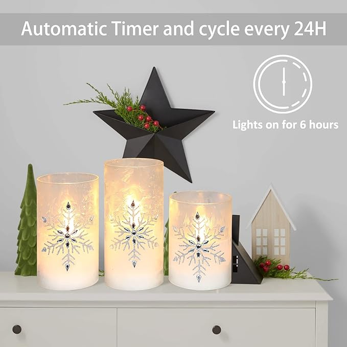 Christmas Flameless Candles, Jeweled Snowflake Iced Glass Candle, LED Flickering Pillar Candle with Timer&Remote for Xmas,Home Decor,Holiday,Set of 3 (D 3” X H 4” 5” 6”)