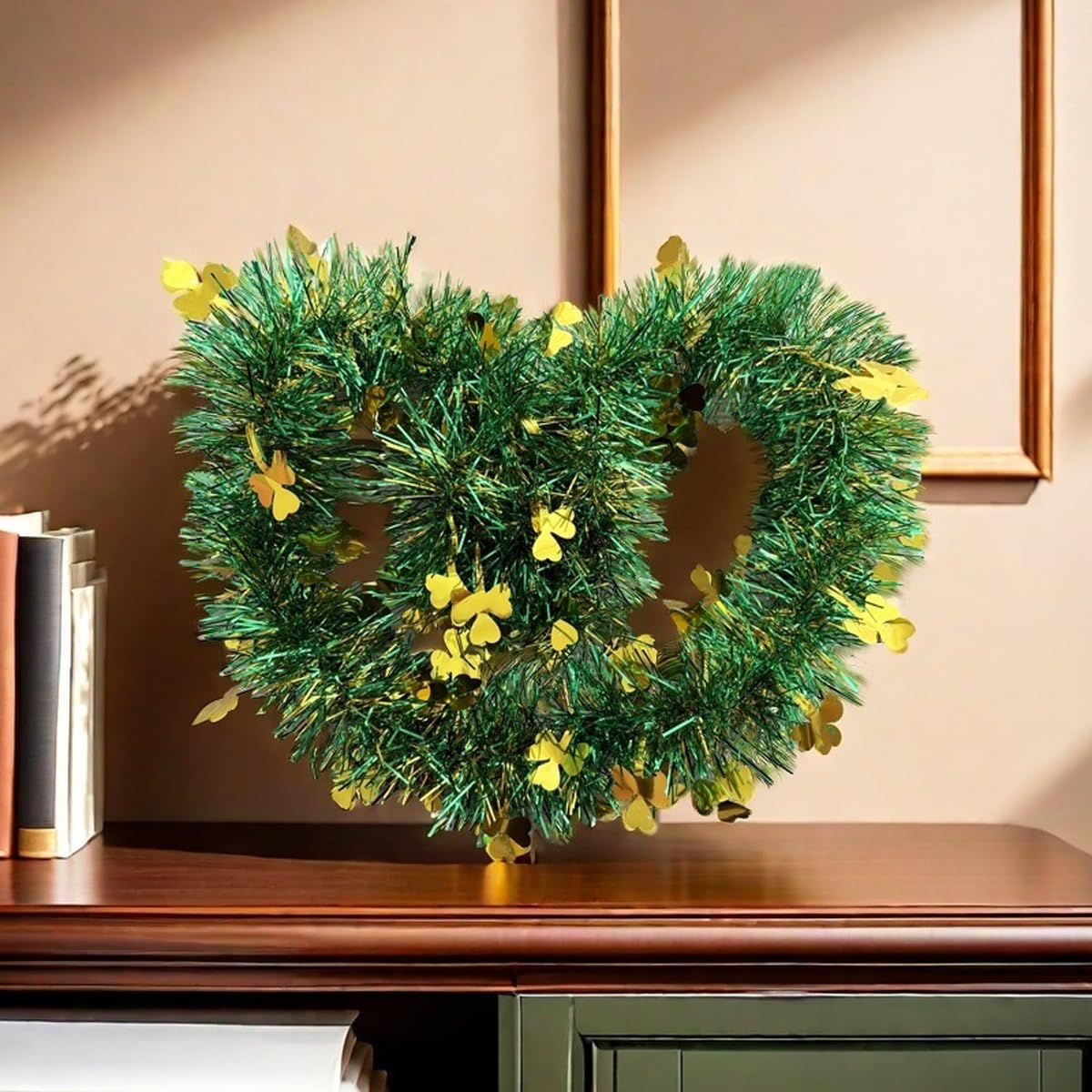 LKBBC St. Patrick Garland, 50 FT Green Gold Fringe Tinsel Garlands with Lucky Shamrock Clover Hanging Glitter Streamers for Irish Ireland Themed Party Home Decoration