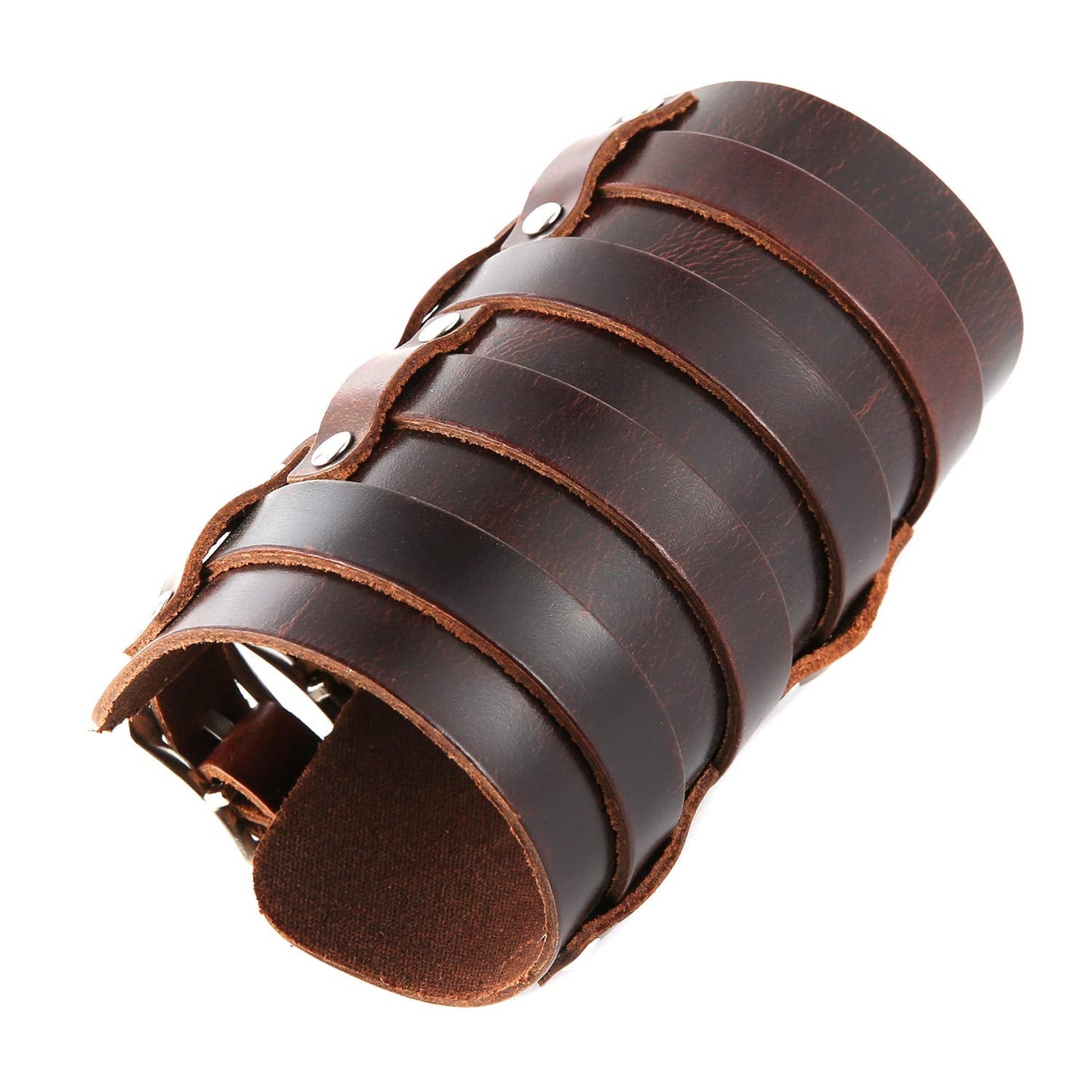 HZMAN Mens Leather Wide Triple Strap Cuff Wrap Gauntlet Wristband Buckle Fastening Arm Armor Cuff 4 Rows (Brown)