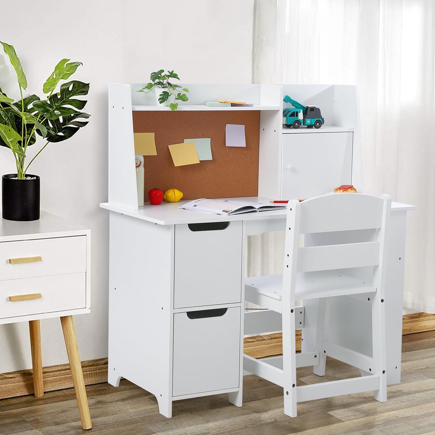 Garvee Kids Desk and Chair Set, Wooden Study Table with Storage Shelf, Bulletin Board for Children 3-8