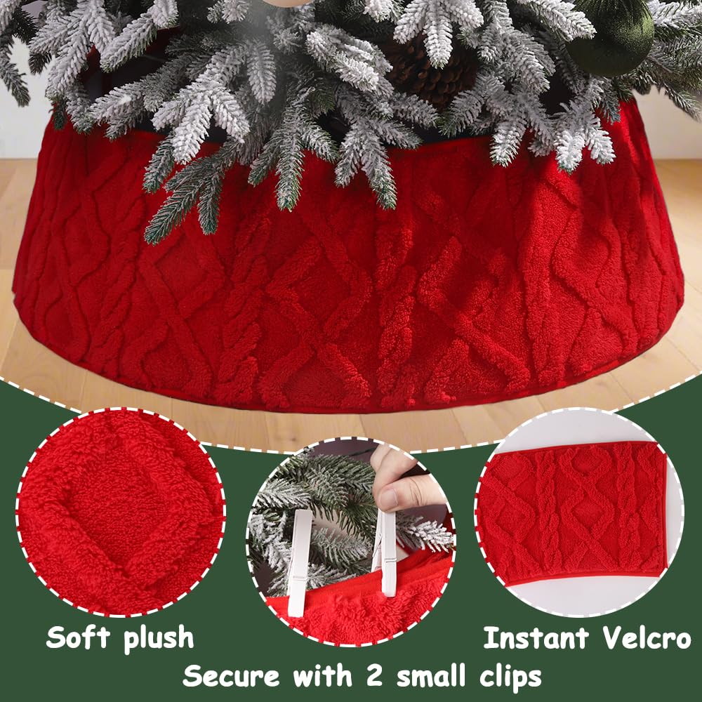 Teeanzo 28 Inch Christmas Tree Collar Red Plush Faux Fur with Crossed Diamond Pattern, Soft Boho Xmas Tree Ring Tree Skirt for Christmas Artificial Trees Holiday Party Home Decor