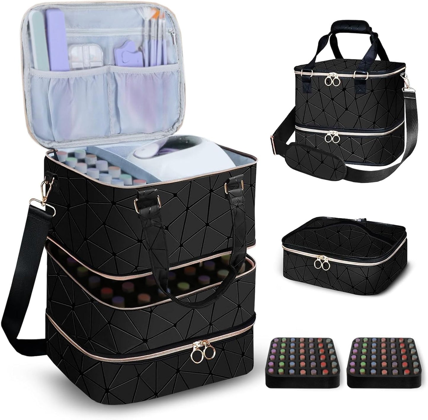 Yttriuny Nail Polish Organizer Holds 84 Bottles (15ml/0.5fl.Oz) + UV Lamp & Manicure Tools, 3-Layer Detachable PU Leather Nail Kit Storage Bag,Large Travel Shoulder Bag for Nail Supplies – Black