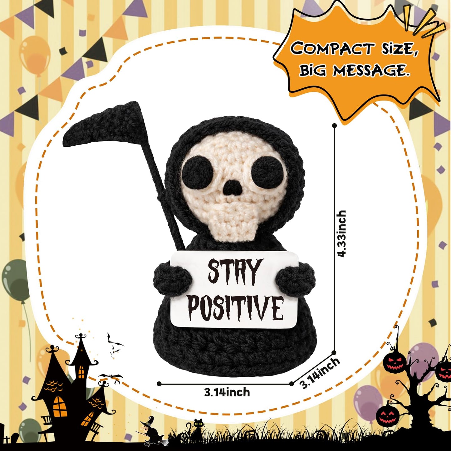 Funny Gothic Grim Reaper Crochet Plush - Spooky Cute Office Decor & Dark Humor Gift - Stay Positive Sarcastic Easter Basket Stuffers Egg Fillers Essentials for Coworker Friend White Elephant Adult
