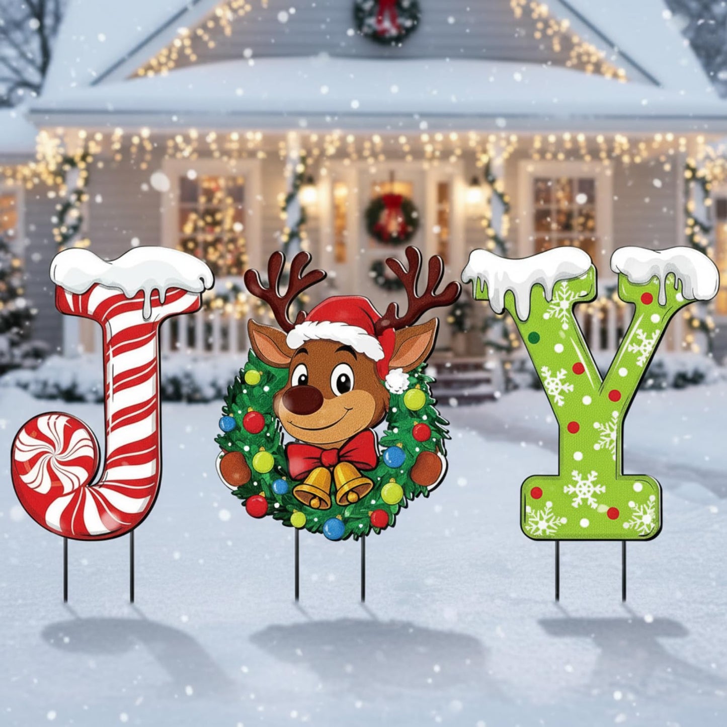 MorningRo 3 Pcs Metal Christmas Joy Yard Signs Outdoor Waterproof Candy Cane Elk Snowflakes Christmas Yard Sign with Stakes for Outside Porch Patio Lawn Garden Pathway Xmas Holiday Winter Decoration