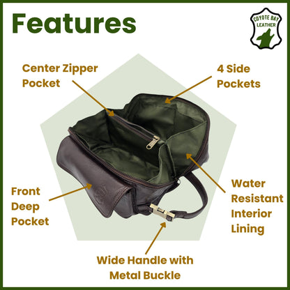 Coyote Bay® Flypouch Premium Full Grain Soft Leather Makeup Bag Small 7.5 Inch, Travel Organizer Pouch, Shaving Kit, Cosmetics Toiletry Bathroom Organizer Kit (Brown, Small)