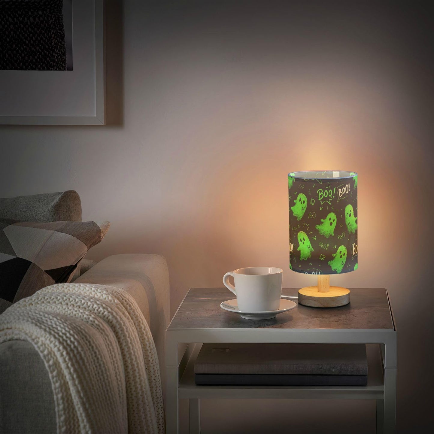 Dussdil Halloween Green Ghost Table Lamp Bedroom Bedside Night Reading Desk Lamps Cylinder Nightstand Sleeping Light Lamp for Kids Living Room Office Decor