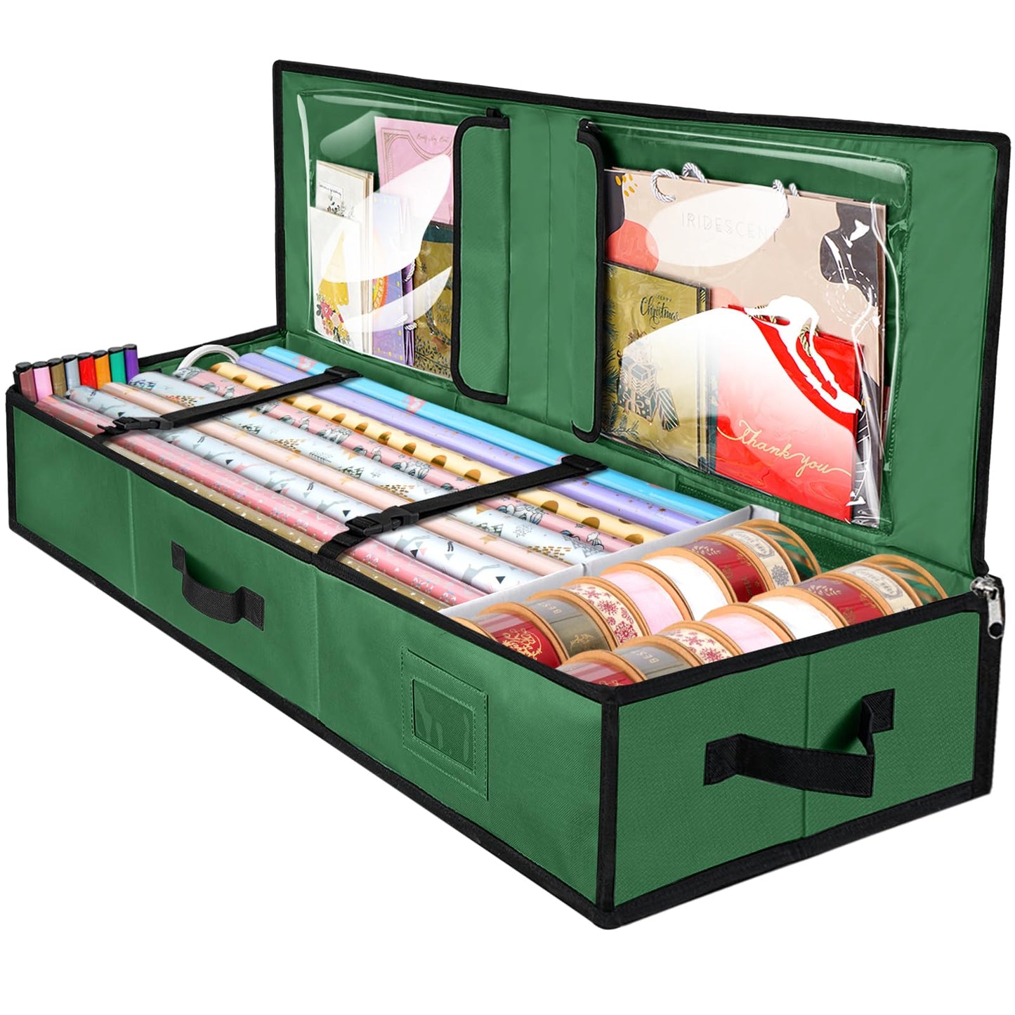 BALEINE Wrapping Paper Storage Organizer, 40" Durable 600D Oxford Fabric Gift Wrap Storage Bag with Flexible Partitions for Ribbon, Holiday Accessories (Green)