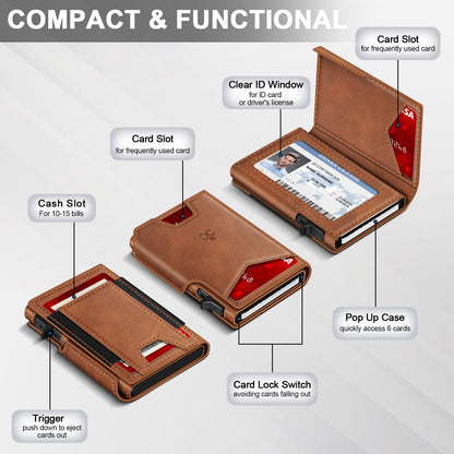Wallet for Men Wallet with Slim Pop Up Card Holder 9-13 Cards, Bifold Minimalist Smart Wallet RFID Blocking Credit Card Holder with ID Window & Stretchable Cash Slot Compact Metal Aluminum Card Case