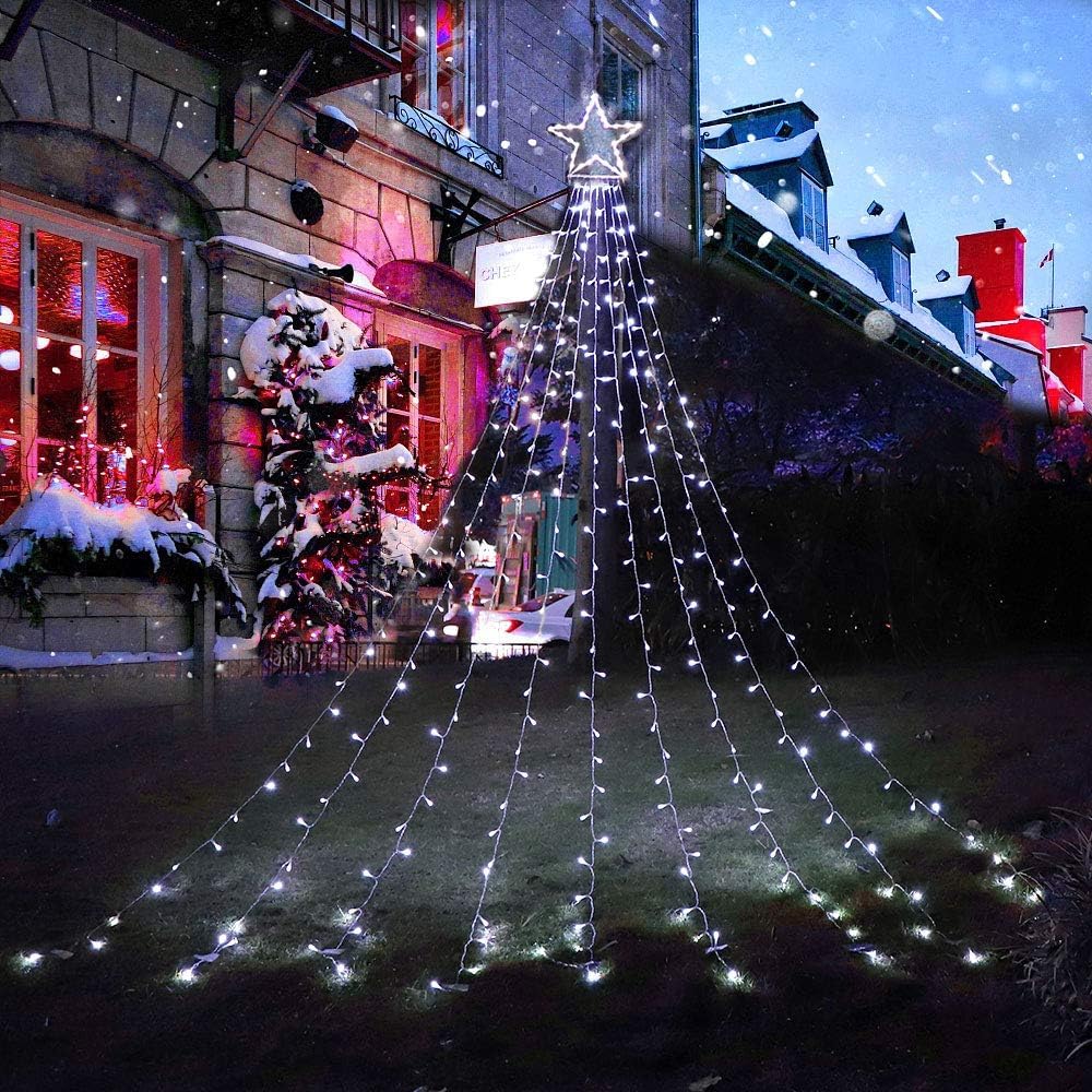 PUHONG Christmas Decorations, Christmas Star Lights Outdoor, 320 LED Christmas String Lights[8 Modes & Waterproof] for Halloween Xmas New Year Holiday(Iron) (White)