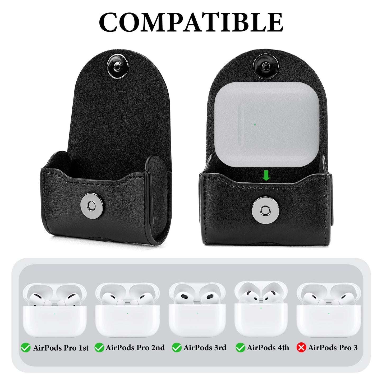 Geekria Protective Carrying Pouch Compatible with Apple AirPods 4th/3rd, AirPods Pro 2nd/Pro 1st, Leather Clip-On Case Cover, Durable Belt Holder (Black)