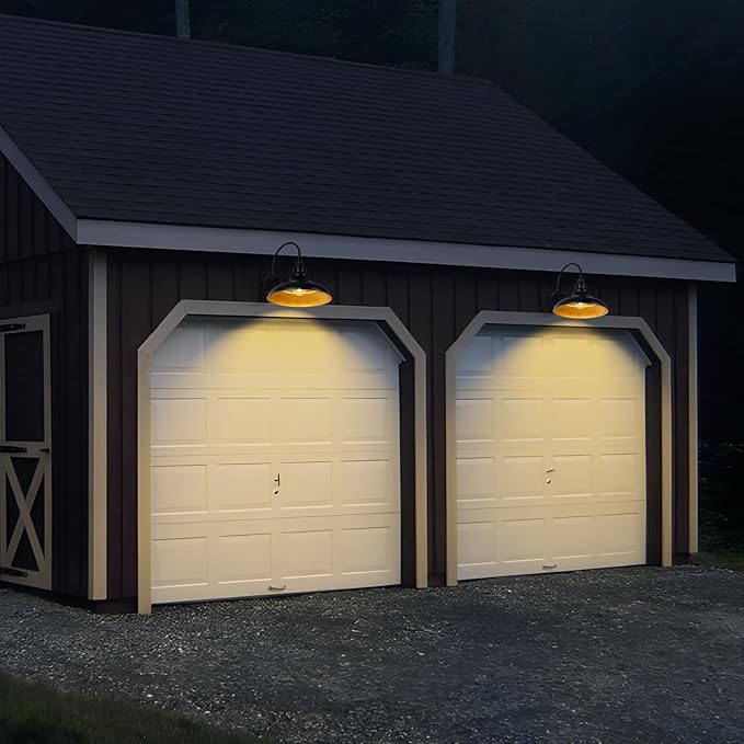 Dusk to Dawn Sensor Outdoor Barn Light Fixtures, 16 Inch Dome Farmhouse Outdoor Wall Sconces, Rustic Gooseneck Exterior Wall Mount Lights, Industrial Black Gold Wall Lanterns for Porch, 2 Pack