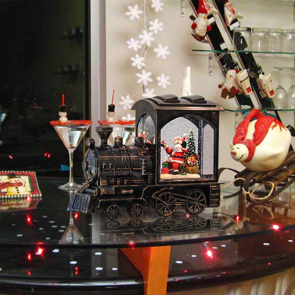 GenSwin Music Lighted Train Snow Globe Lantern Water Snowing Glittering Battery Operated with Timer, Christmas Santa Claus Musical Lighted Home Decoration and Gift(Copper)