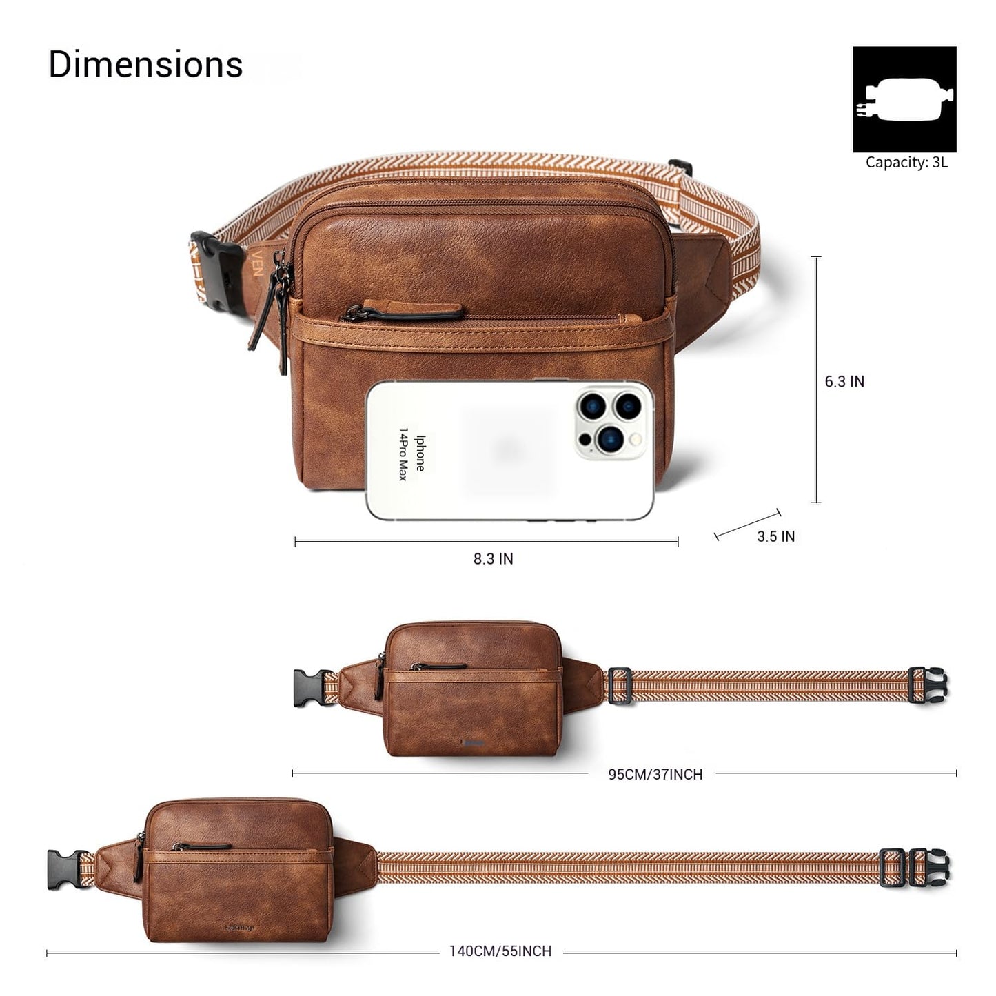 LATMAP 3L Fanny Pack Crossbody Bags for Women Men 4-Zipper Pockets Belt Bag Sling Waist Pack Faux Leather Chest Bag Purse Brown